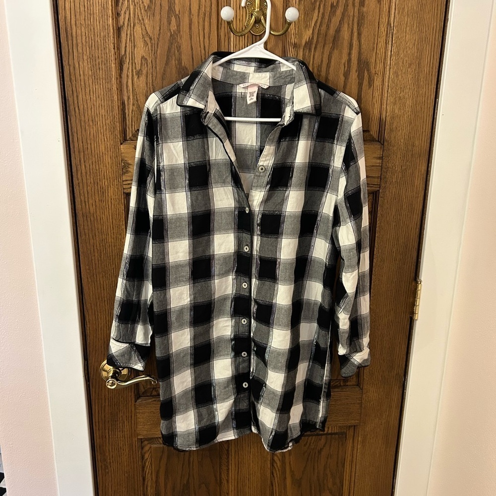 Victoria’s Secret Black White Plaid Flannel Button-Up Nightgown Pajamas Medium